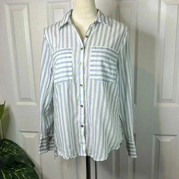 MICHAEL KORS Medium Shirt Striped Button Up Collared Long Sleeve - Picture 2 of 11